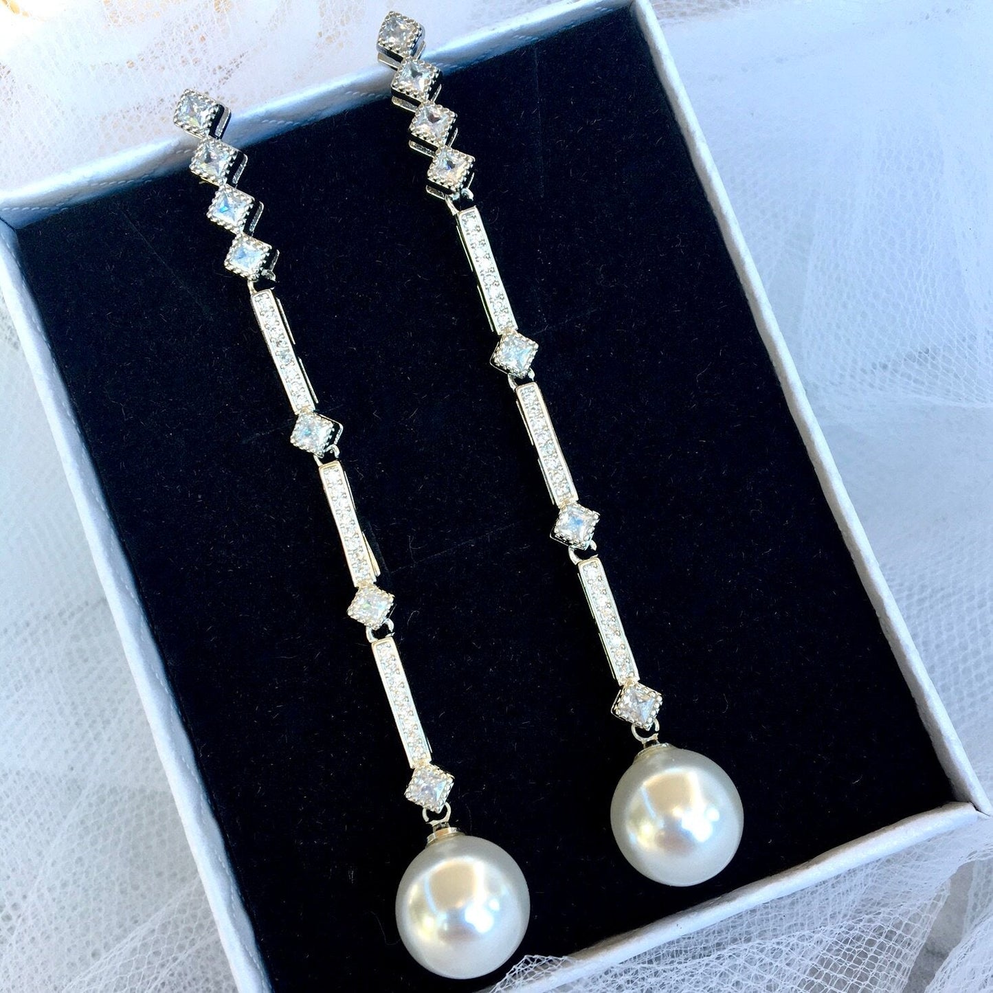 Irina - Art Deco Pearl and CZ Bridal Earrings