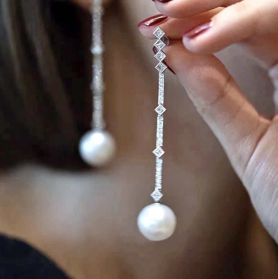 Irina - Art Deco Pearl and CZ Bridal Earrings