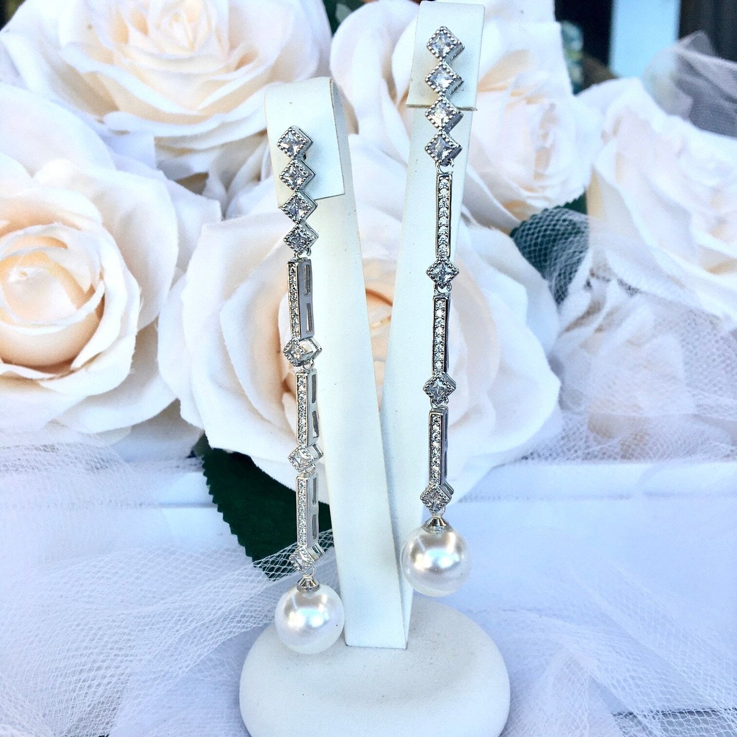 Irina - Art Deco Pearl and CZ Bridal Earrings