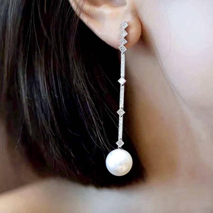 Irina - Art Deco Pearl and CZ Bridal Earrings
