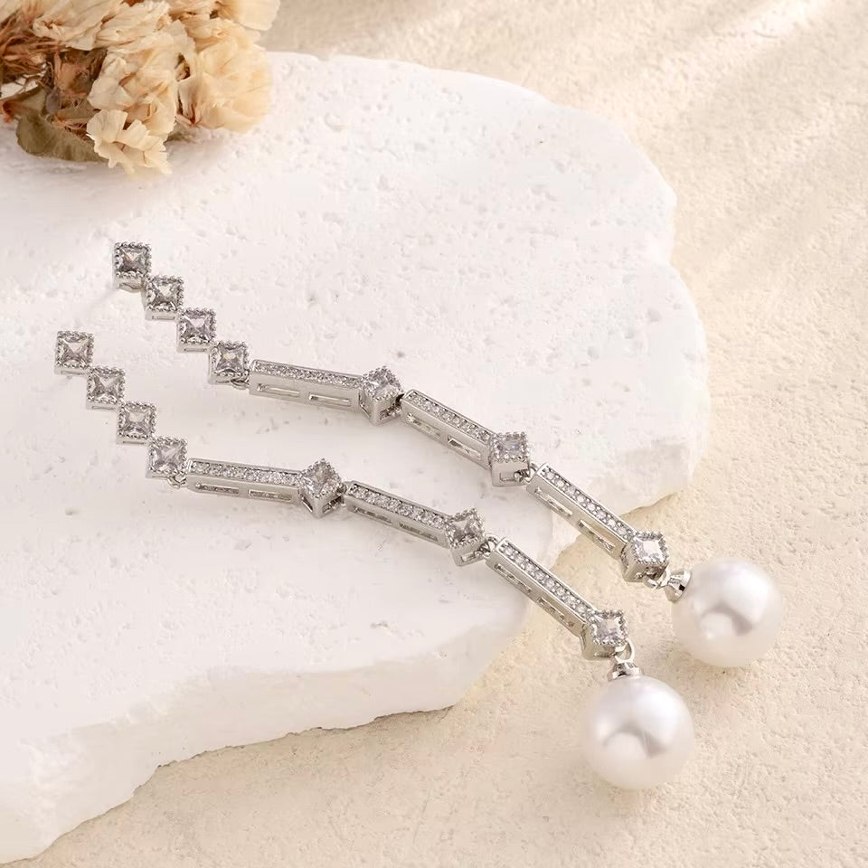Irina - Art Deco Pearl and CZ Bridal Earrings