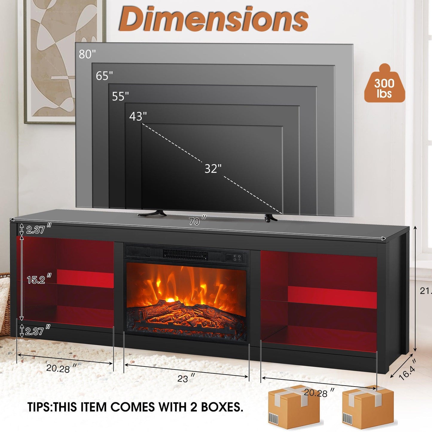 Modern 66" LED TV Stand with 23" Electric Fireplace for Living Room