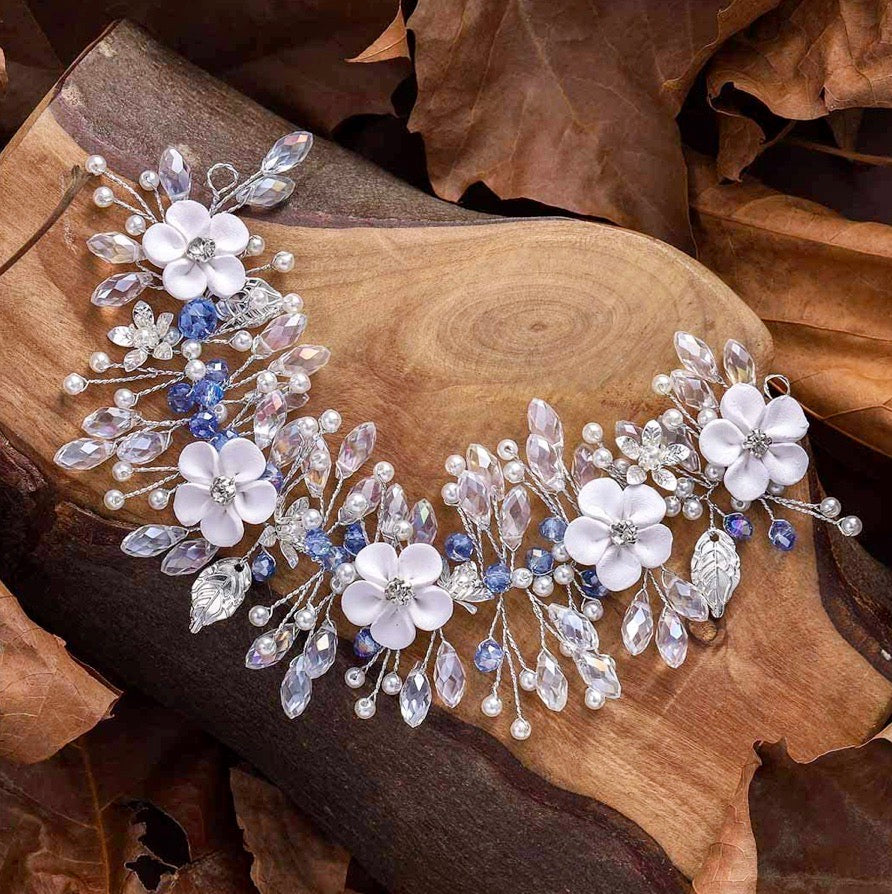 "Odette" - Blue Ceramic Flowers Bridal Headband / Hair Vine