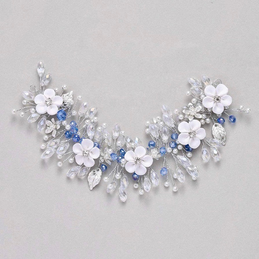 "Odette" - Blue Ceramic Flowers Bridal Headband / Hair Vine