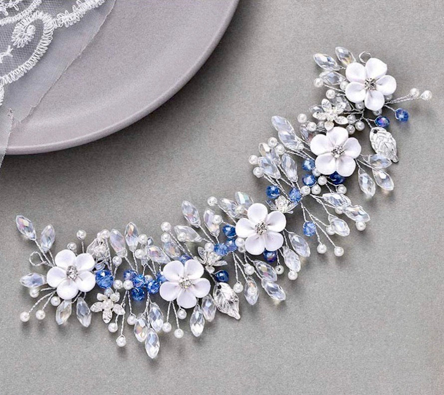 "Odette" - Blue Ceramic Flowers Bridal Headband / Hair Vine