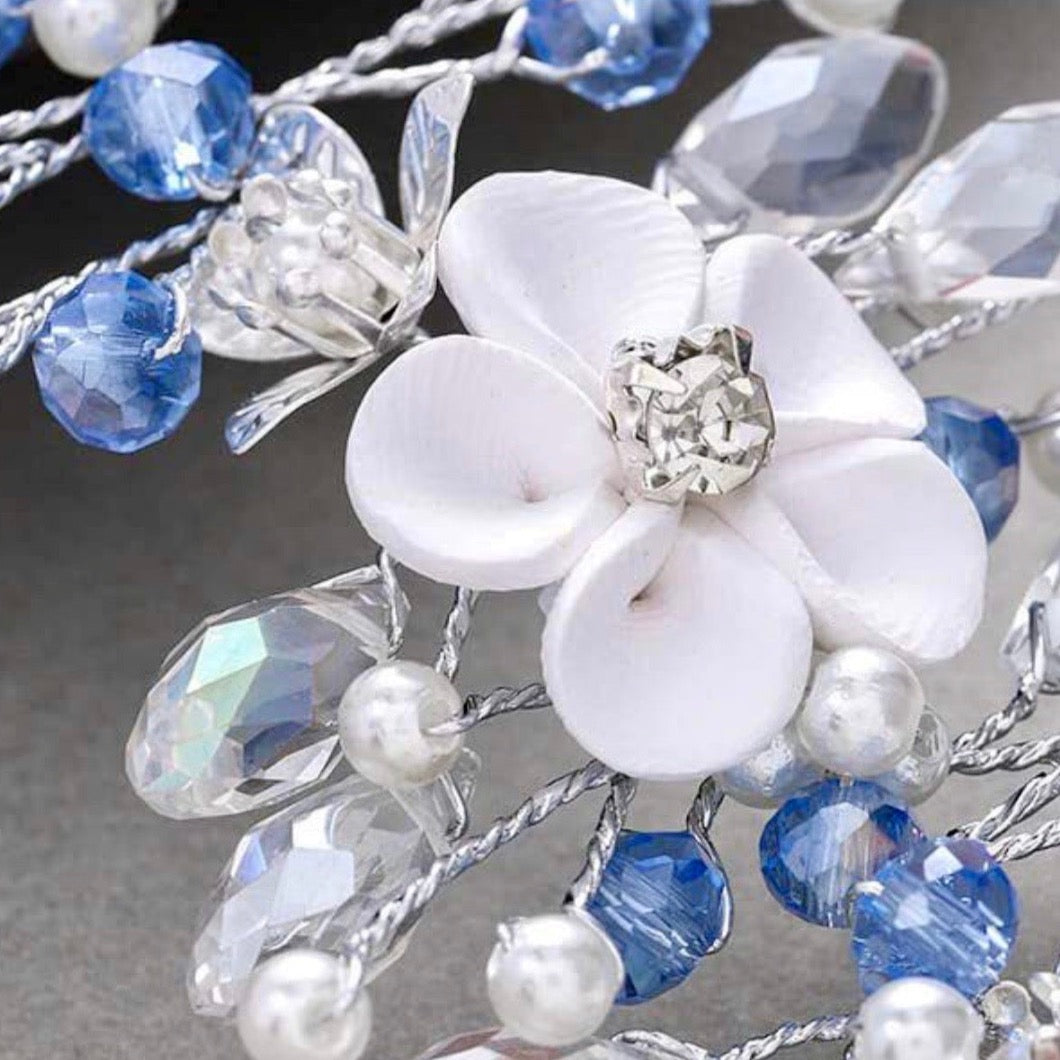"Odette" - Blue Ceramic Flowers Bridal Headband / Hair Vine