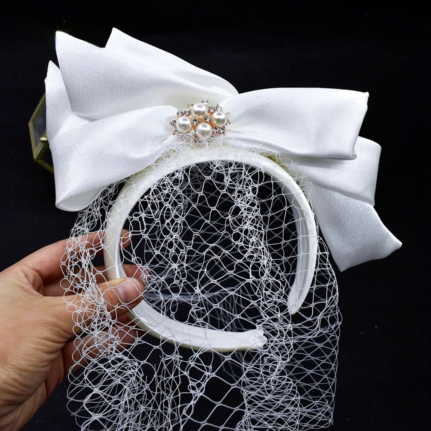 Starly - Bridal Birdcage Veil with Satin Headband and Bow