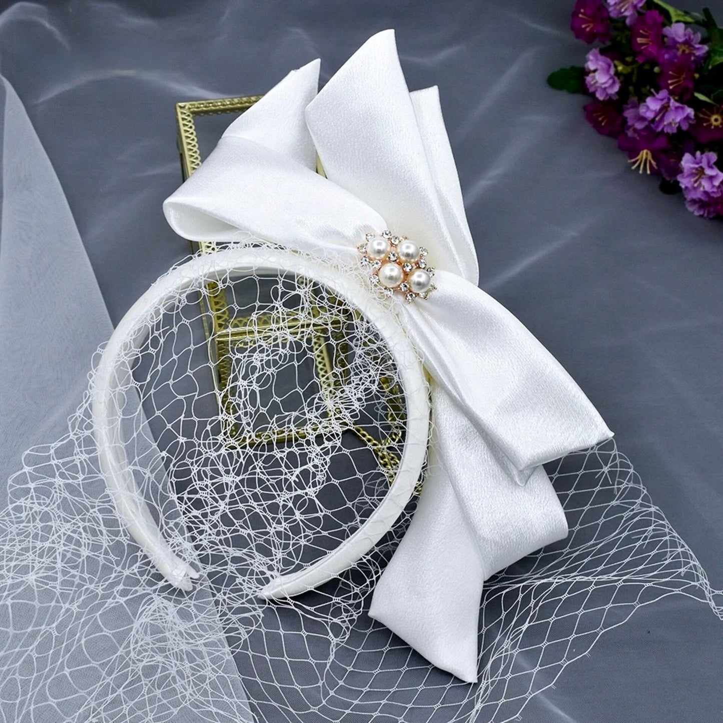 Starly - Bridal Birdcage Veil with Satin Headband and Bow
