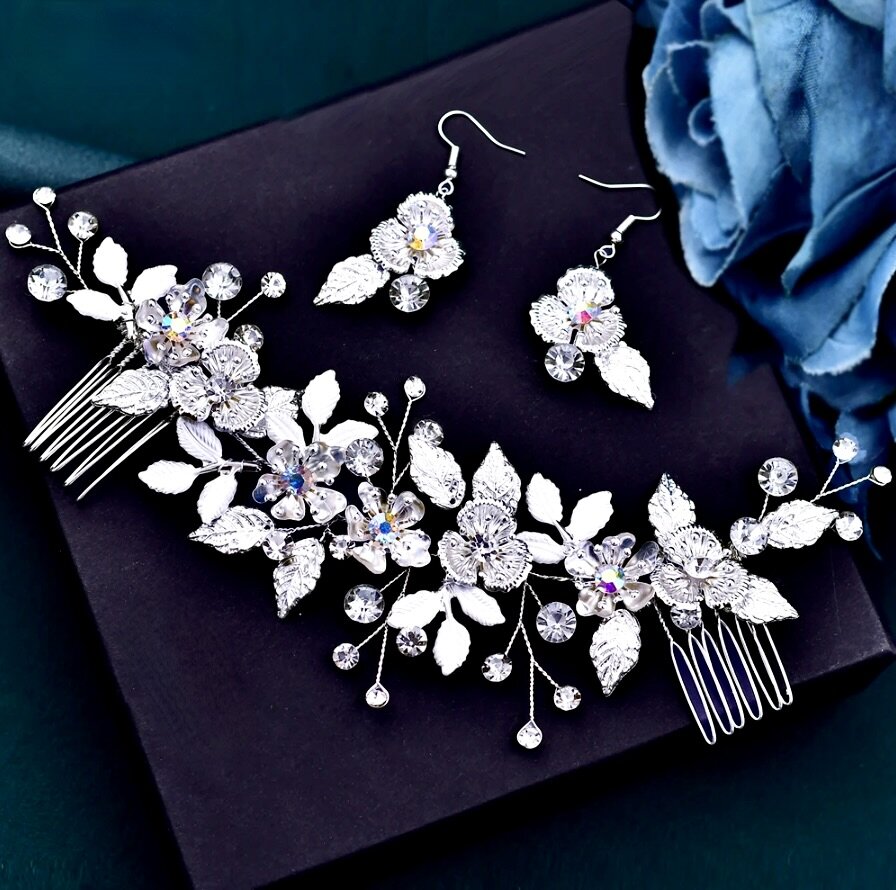 Bloom - Silver Crystal Bridal Headdress and Earrings Set