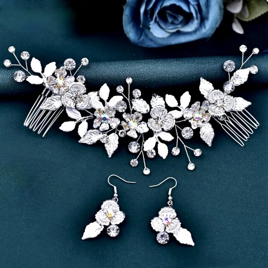 Bloom - Silver Crystal Bridal Headdress and Earrings Set