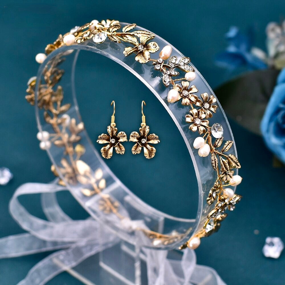 Avalon - Vintage Gold Bridal Headband and Earrings Set