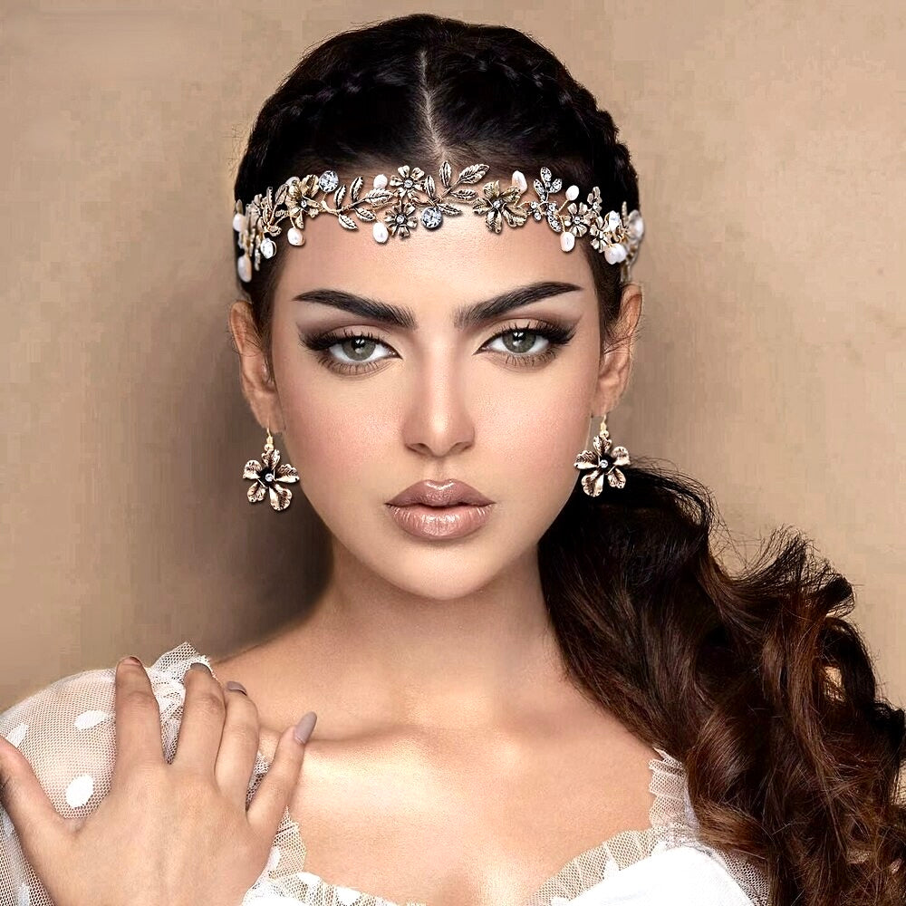 Avalon - Vintage Gold Bridal Headband and Earrings Set