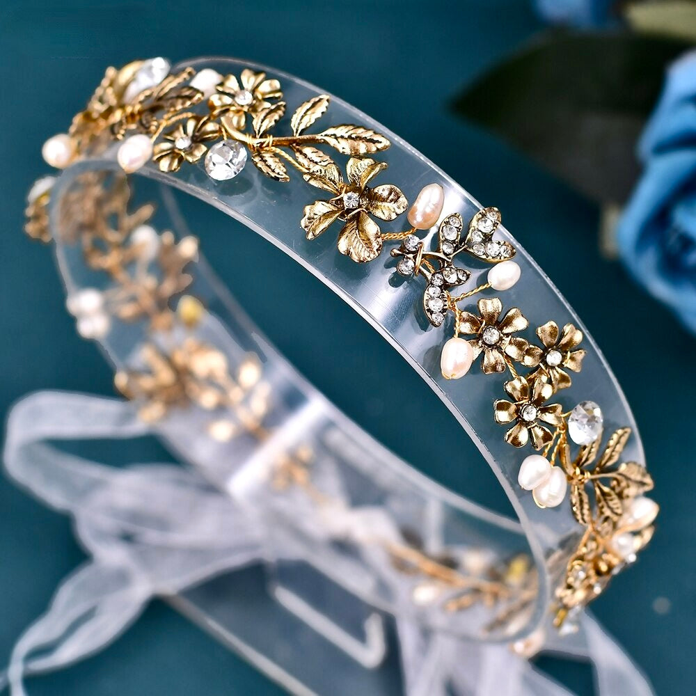 Avalon - Vintage Gold Bridal Headband and Earrings Set