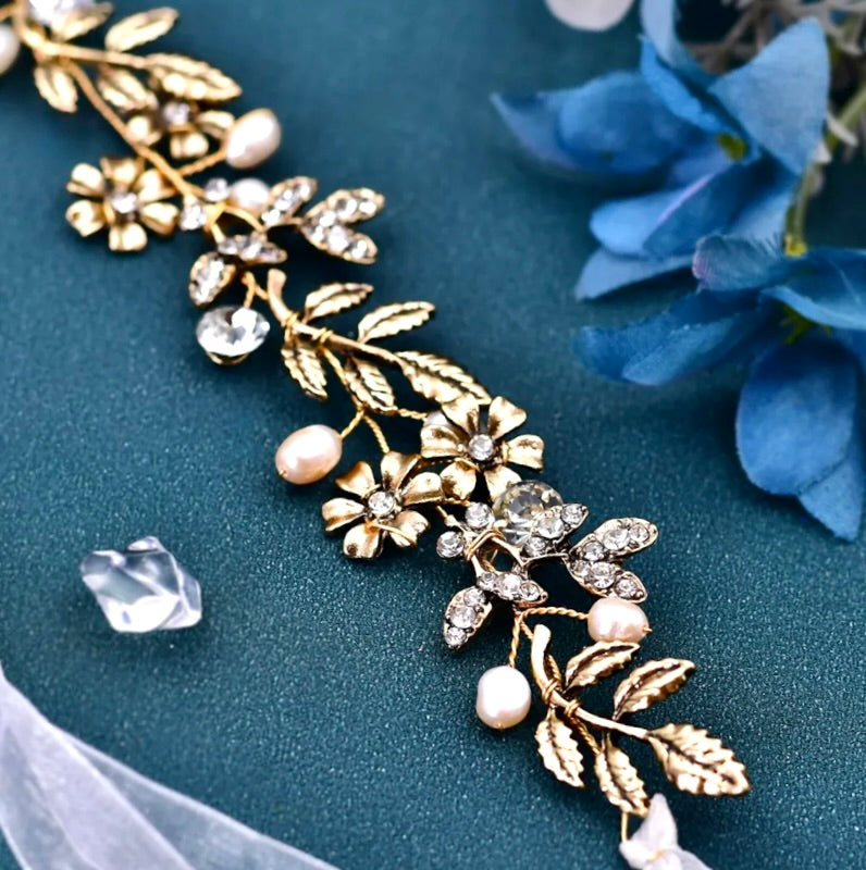 Avalon - Vintage Gold Bridal Headband and Earrings Set