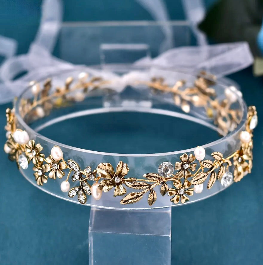 Avalon - Vintage Gold Bridal Headband and Earrings Set