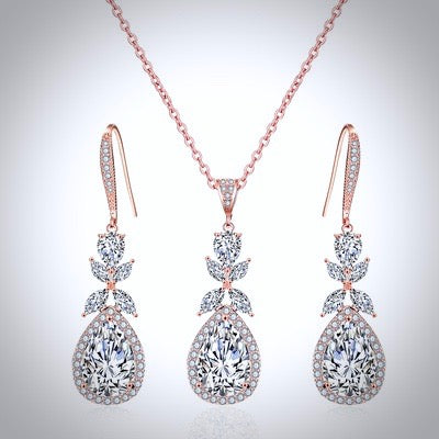 Kendra - Cubic Zirconia Bridal Backdrop Necklace Earrings Set - Available in Silver and Rose Gold
