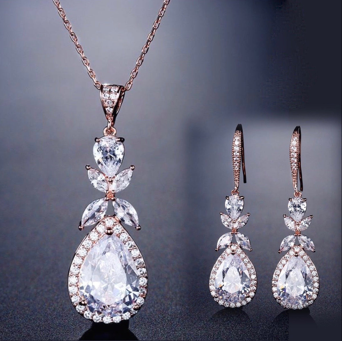 Kendra - Cubic Zirconia Bridal Backdrop Necklace Earrings Set - Available in Silver and Rose Gold