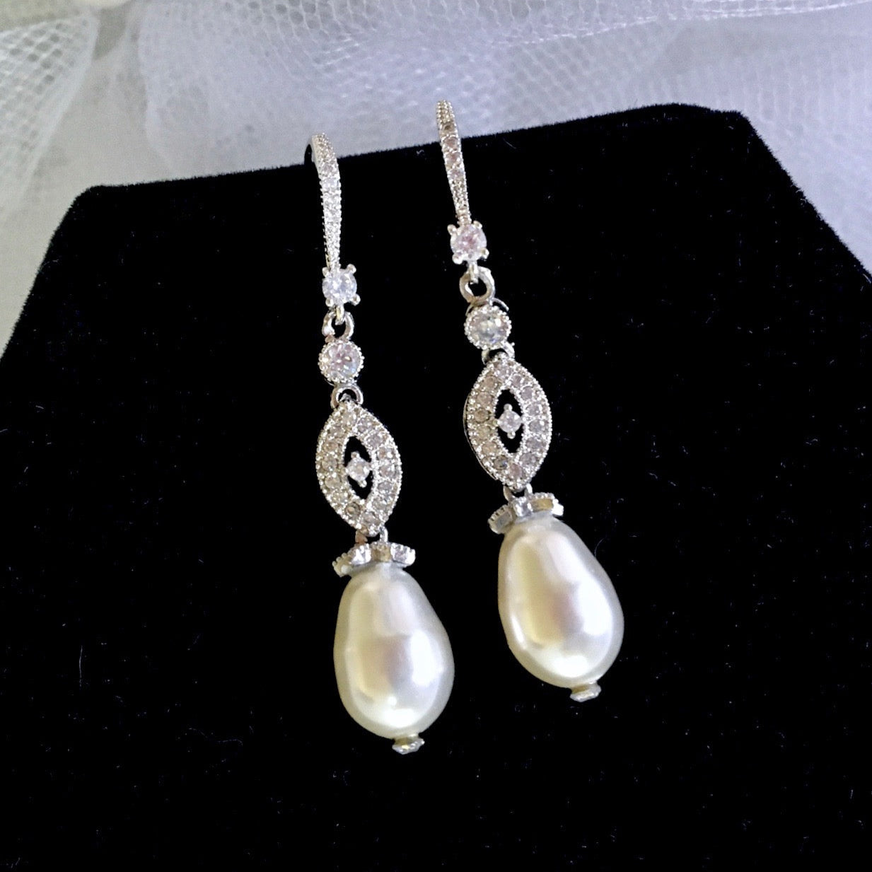 Payton - Swarovski Pearl and Cubic Zirconia Bridal Earrings