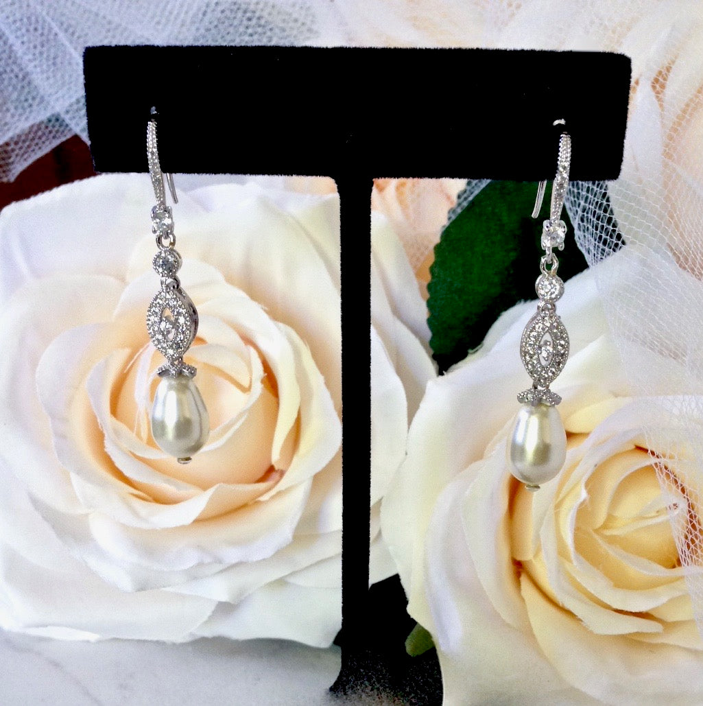 Payton - Swarovski Pearl and Cubic Zirconia Bridal Earrings