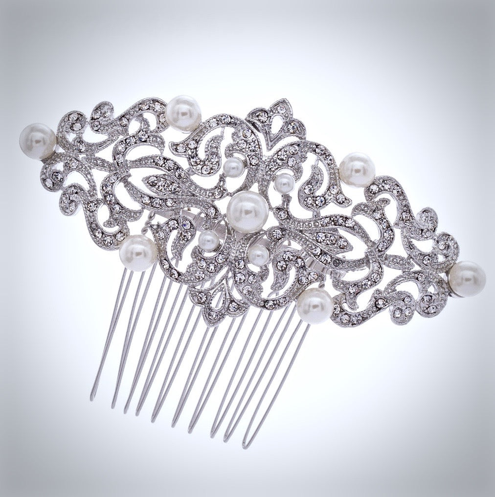 "Jade" - Vintage Pearl and Crystal Bridal Hair Comb