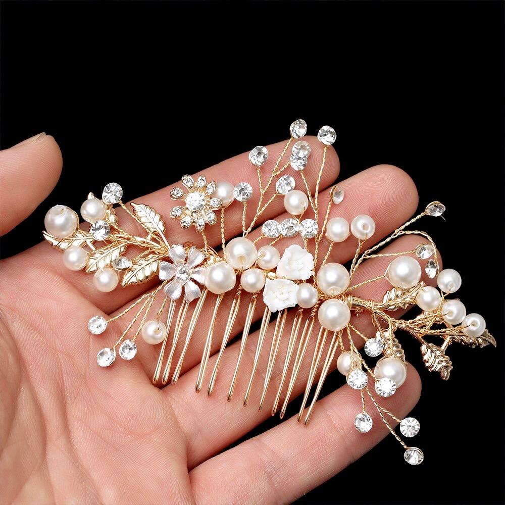 "Gia" - Gold Pearl and Crystal Bridal Hair Comb