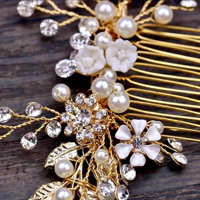 "Gia" - Gold Pearl and Crystal Bridal Hair Comb