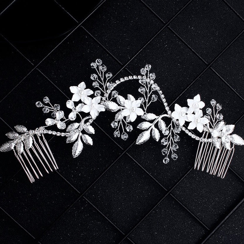 "Gianna" - Silver Pearl and Crystal Bridal Hair Vine