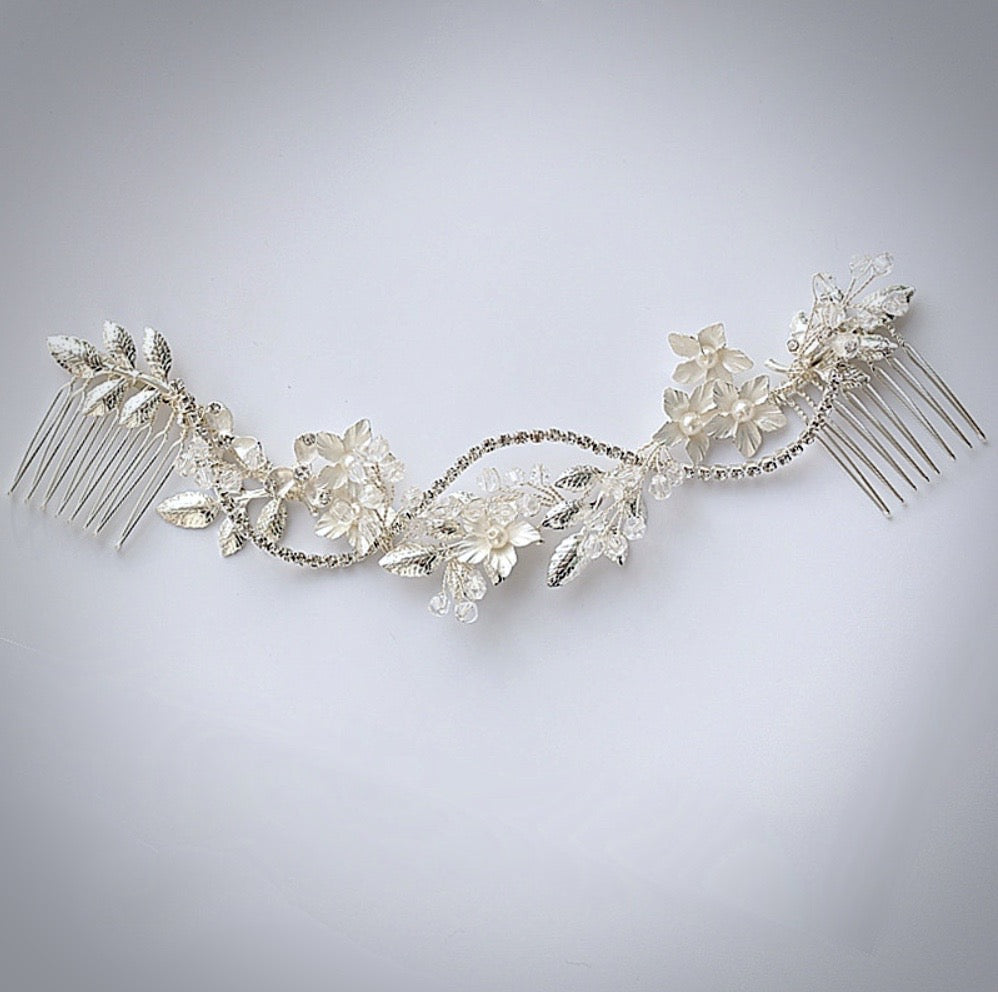 "Gianna" - Silver Pearl and Crystal Bridal Hair Vine