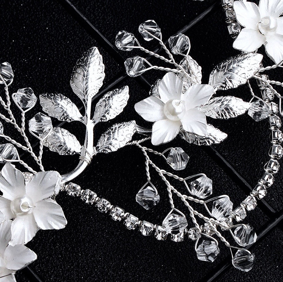 "Gianna" - Silver Pearl and Crystal Bridal Hair Vine