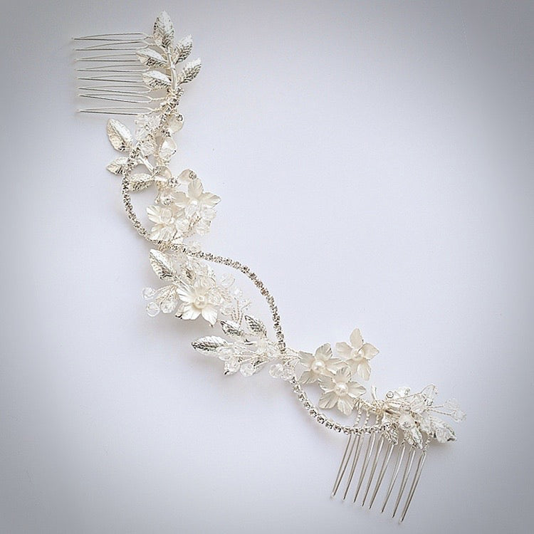 "Gianna" - Silver Pearl and Crystal Bridal Hair Vine