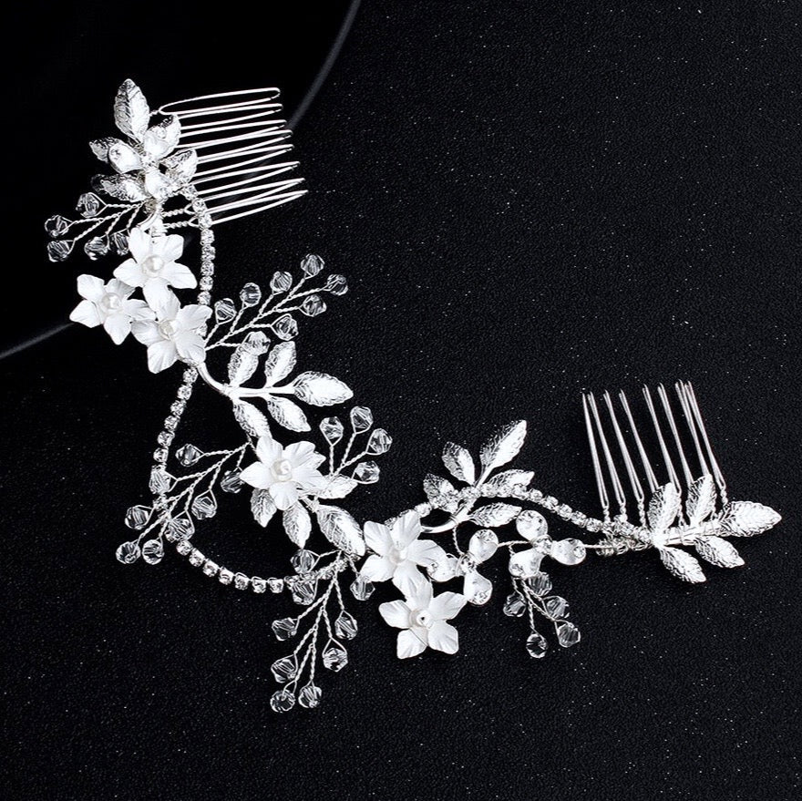 "Gianna" - Silver Pearl and Crystal Bridal Hair Vine