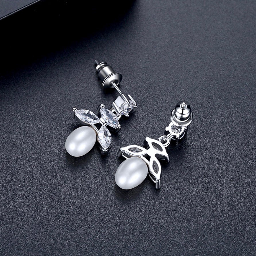 Kim - Pearl and Cubic Zirconia Bridal Earrings