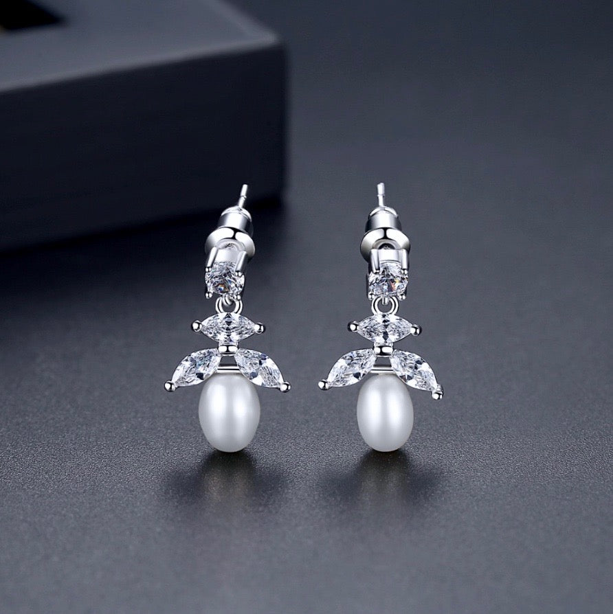 Kim - Pearl and Cubic Zirconia Bridal Earrings