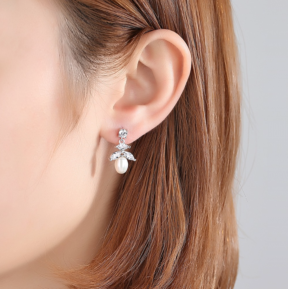 Kim - Pearl and Cubic Zirconia Bridal Earrings