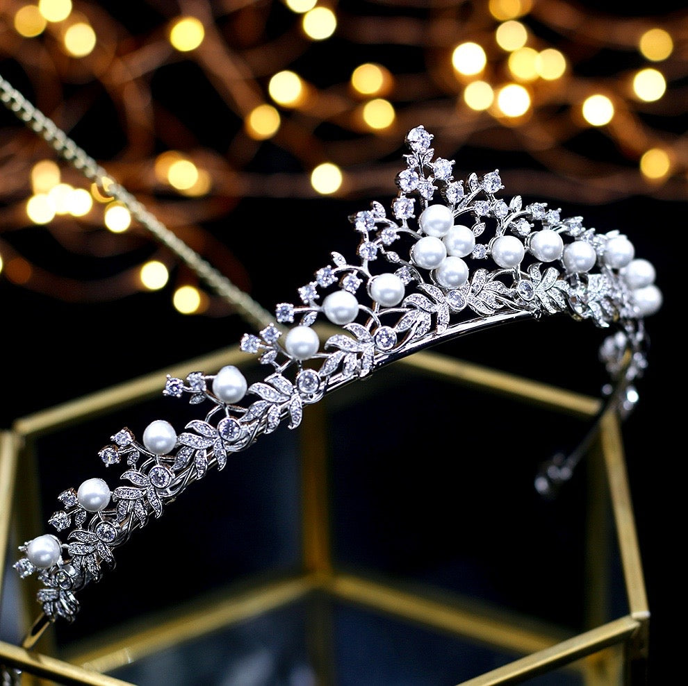 Louise - Silver Pearl and Cubic Zirconia Bridal Tiara