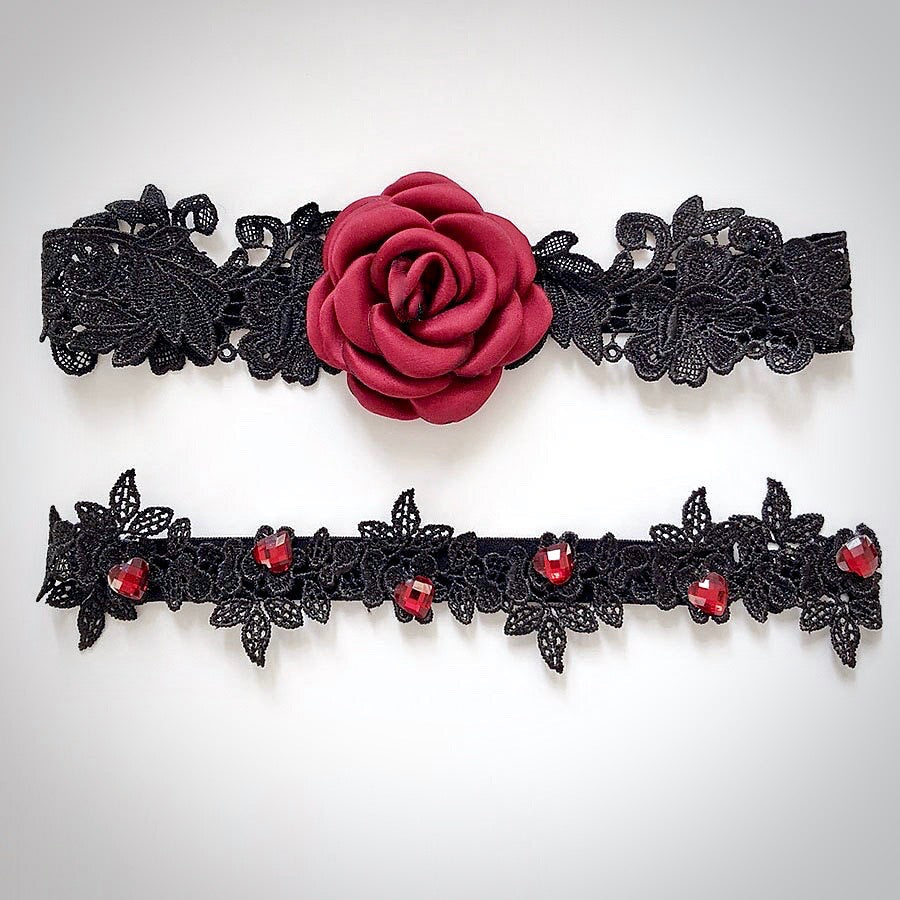 "Bridget" - Black and Burgundy Gothic Bridal Garter Set