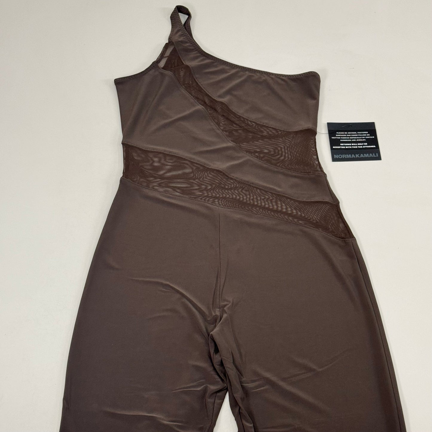 NORMA KAMALI One Shoulder Snake Mesh Catsuit Footsie Women's Sz L/40 Chocolate