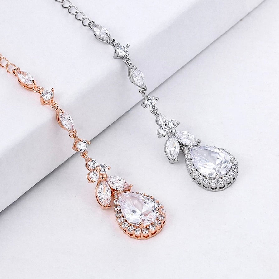 Kendra - Cubic Zirconia Bridal Backdrop Necklace Earrings Set - Available in Silver and Rose Gold
