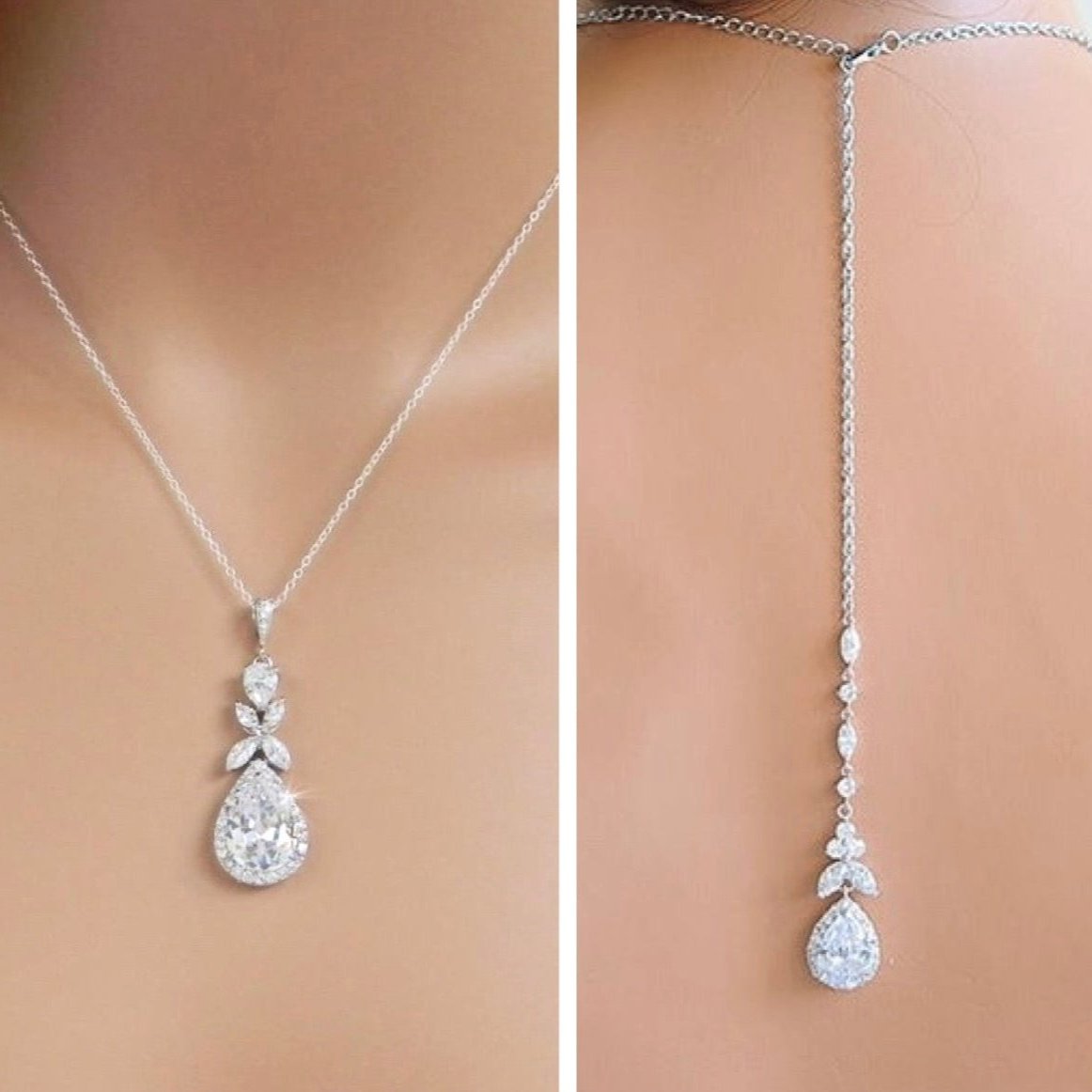 Kendra - Cubic Zirconia Bridal Backdrop Necklace Earrings Set - Available in Silver and Rose Gold
