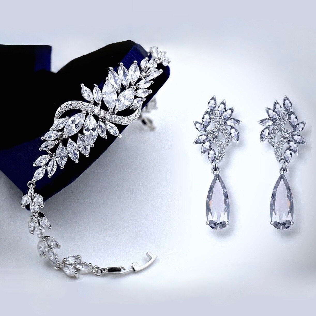 "Azalea" - Cubic Zirconia Bridal Bracelet and Earrings Set