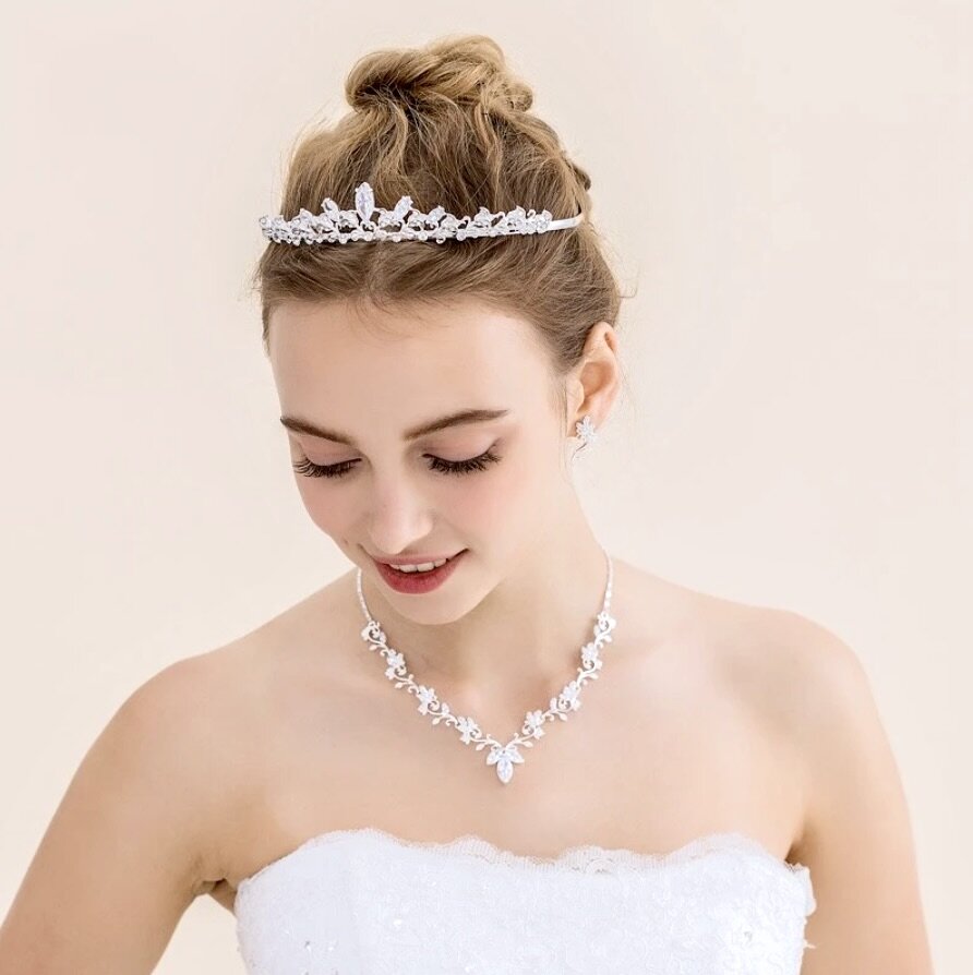 Candice - Silver Cubic Zirconia Bridal 3-Piece Jewelry Set With Tiara