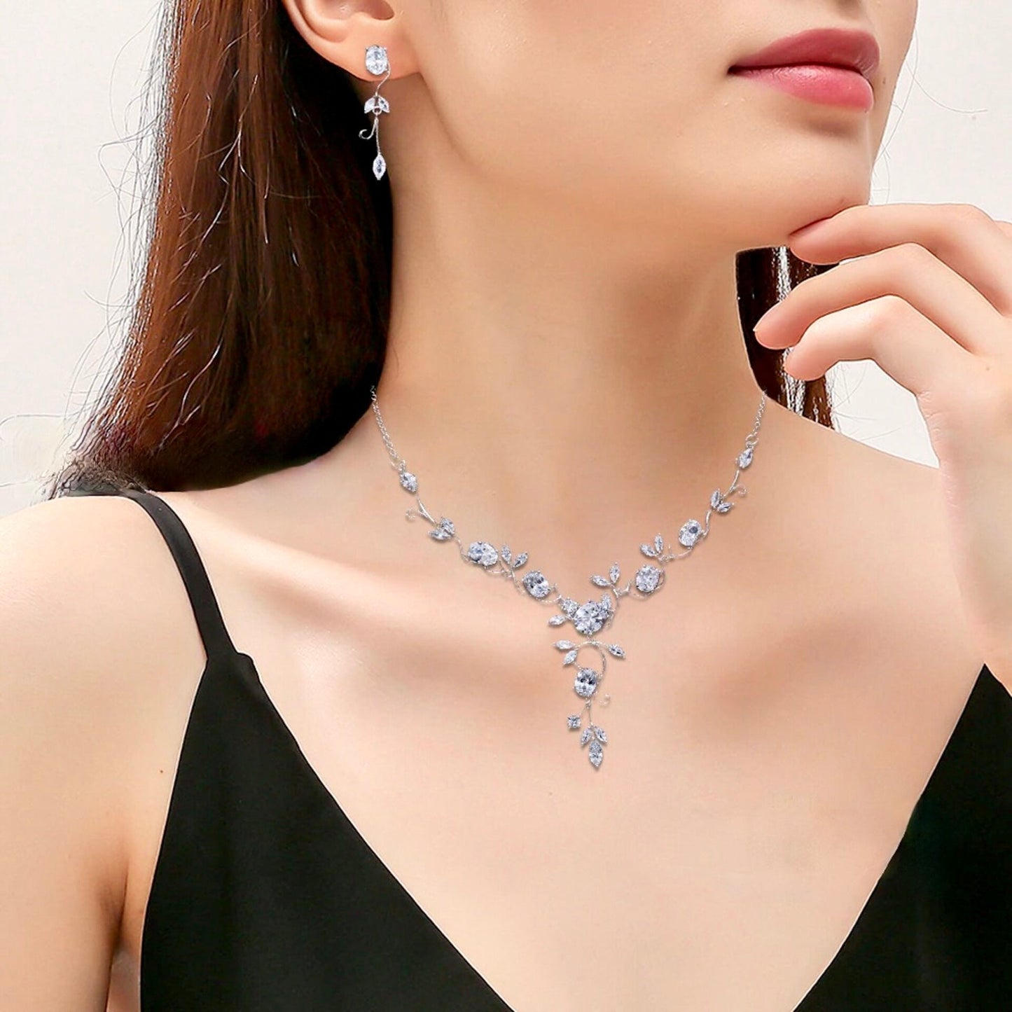 Edwina - Cubic Zirconia Silver Vine Bridal Jewelry Set