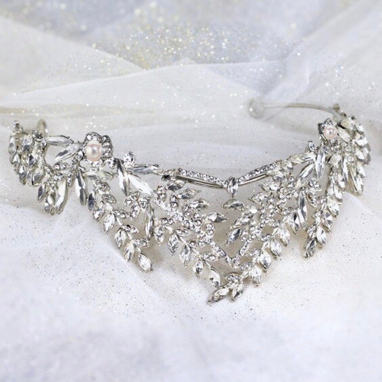 Adrianna - Silver Pearl and Cubic Zirconia Bridal Tiara