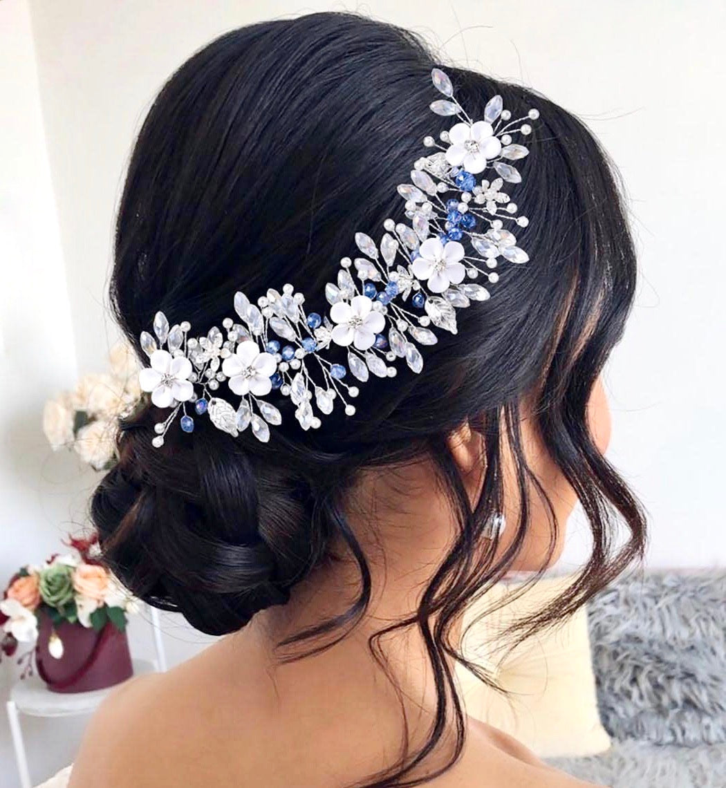 "Odette" - Blue Ceramic Flowers Bridal Headband / Hair Vine