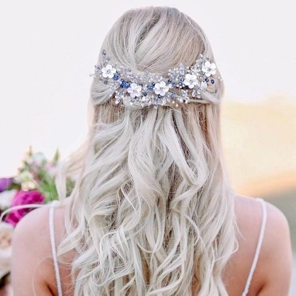 "Odette" - Blue Ceramic Flowers Bridal Headband / Hair Vine