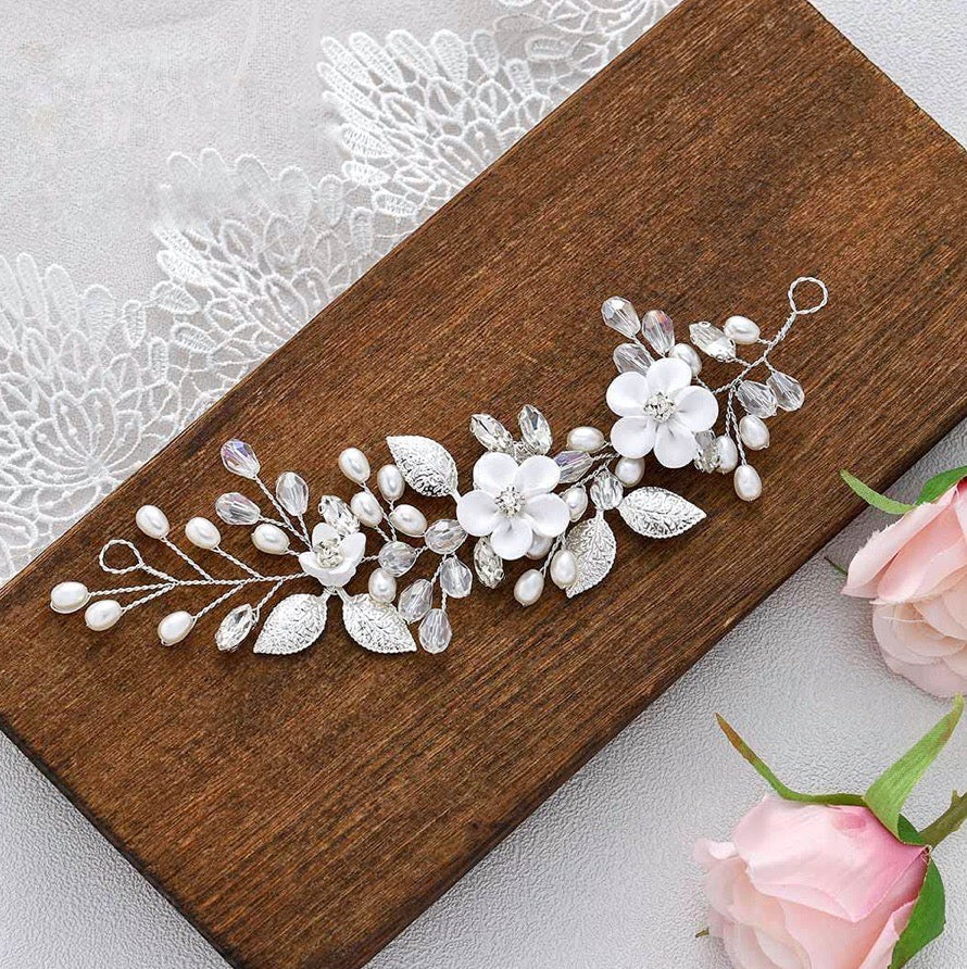 "Elsie" - Ceramic Flowers Bridal Short Hair Vine