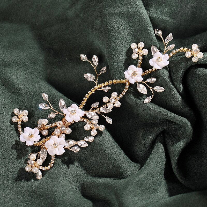 "Marigold" - Gold Ceramic Flowers Bridal Hair Clip / Vine