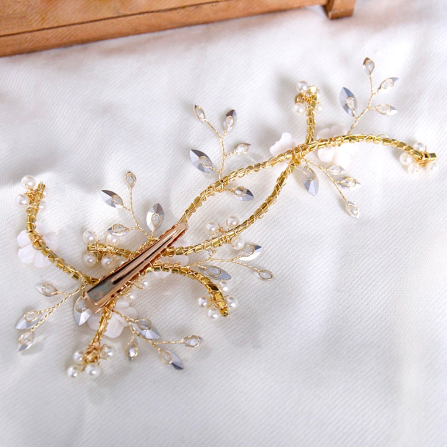 "Marigold" - Gold Ceramic Flowers Bridal Hair Clip / Vine