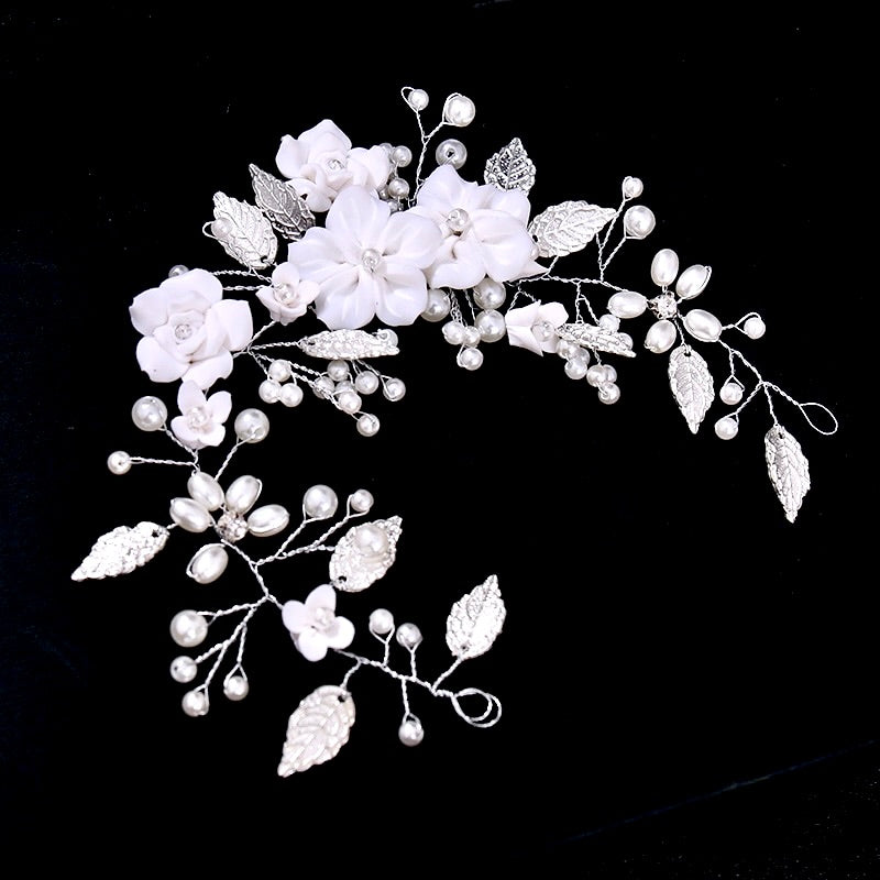 Khalia - Pearl and Ceramic Flowers Bridal Hair Vine