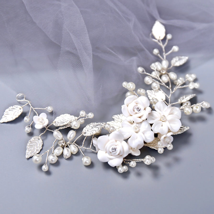 Khalia - Pearl and Ceramic Flowers Bridal Hair Vine